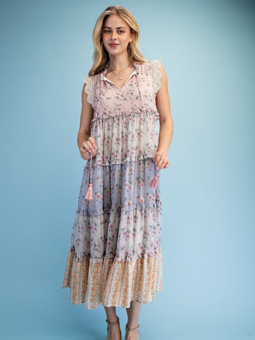 Vintage Floral Ruffled Tiered Midi Dress